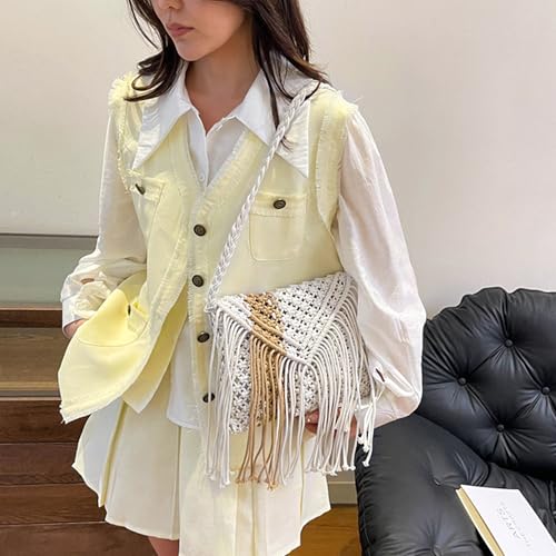 Goclothod Women Crochet Fringed Shoulder Bag Cotton Tassel Crossbody Bag Hippie Beach Purse - color: Stylish