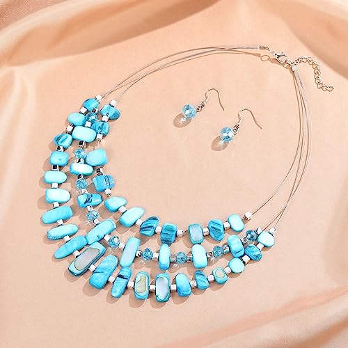 3 Layered Chunky Statement Necklace for Women Beaded Strand Necklaces with Earring Fashion Costumes Collar Necklace Jewelry Sets Gifts for Women - color: 50-Turquoise
