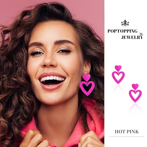 Double Heart Earrings Dangling Heart Drop Earrings For Women Love Heart Dangle Earrings Birthday Gift - color: Pink