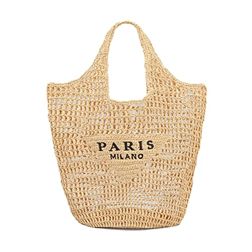 POOOPSSD New Woven Bag, Straw Mesh Tote Bag, Beach, Shoulder Bag, Hobo Women, Foldable Large Capacity, for Holiday. - color: Khaki