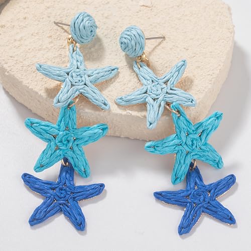 Boho Raffia Earrings Starfish Shell Seashell Dangle Drop Earrings Cute Statemnet Trendy Jewelry Summer Beach Outfits for Women - color: Blue, size: Seastar