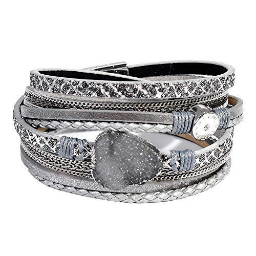 Artilady Leather Wrap Bracelets for Women - Pearl Bracelets Handmade Clasp Bangle Bracelet with Beads Jewelry Gift for Women and Mother - style: Grey with druzy