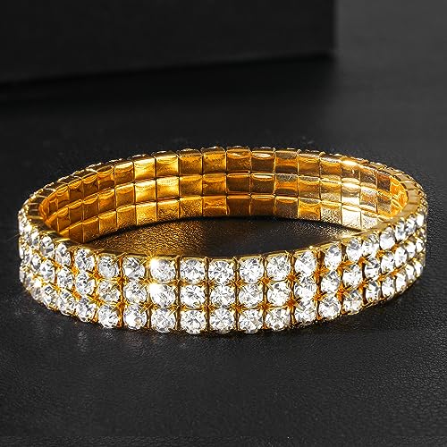 Zealmer Sparkle Multicolor Rhinestone Stackable Stretch Bracelets for Women - color: 3 Row Gold Bracelet
