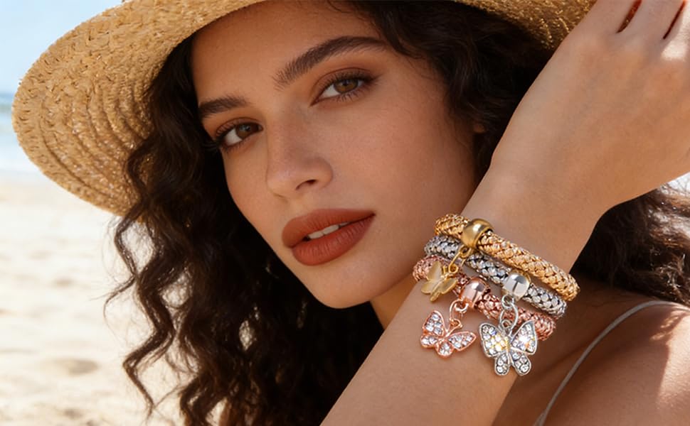 Alegend Titanium Steel (Not Rust, Resist Corruption, Easily Clean) 18K Gold Plated Single Bracelets + 14K Gold Plated Stackable Multilayer Bracelets - style: 14KGold Crystal Butterfly Diamond-Inlaid