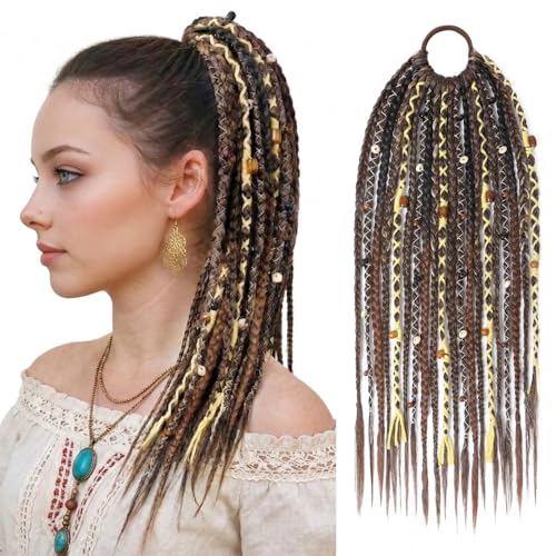 SEIKEA Boho Braided Ponytail Extension on Hair Tie, 16" Full Volume Lightweight Viking Dreadlock Ponytail Braid in Dreadlock Extensions with Beads and Shells, Festival Hair Accessories for Women Girls - color: Woodland Camo Olive Mix