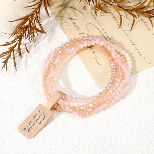Ymapinc 4pcs Pink Bracelet for Women, Boho Stackable Bead Bracelet Set for Mothers Day, Pink Crystal Stretch Bracelets, Trendy Friendship/Mothers Day Gifts (4mm Beads)