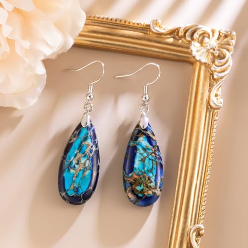 Stone Drop Earrings for Women Earrings Teardrop Jasper Stone Dangle Earrings - color: Blue&Light Blue-Silvery Hook