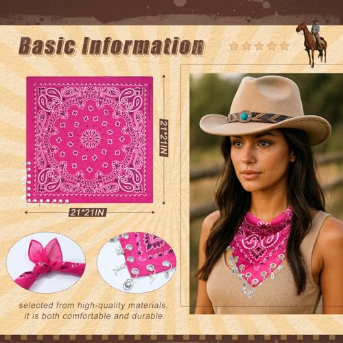 AWAYTR 100% Cotton Bandana for Cowgirl Western Cowboy Costume, 21 Inch Paisley Scarf with Grommet Western Ornaments - color: Rose Pink