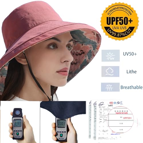 vidsel Womens Sun Hats Wide Brim Reversible Bucket Cotton Hat Packable Summer Travel Cap with Hat Clip,UV Protection - color: Red, size: Medium