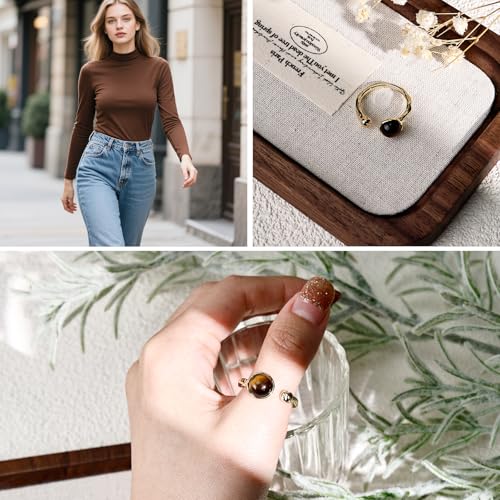 Tigers Eye Ring for Women - 14K Gold Plated Natural Gemstone Adjustable Open Ring, Double Brown Ring for Gift