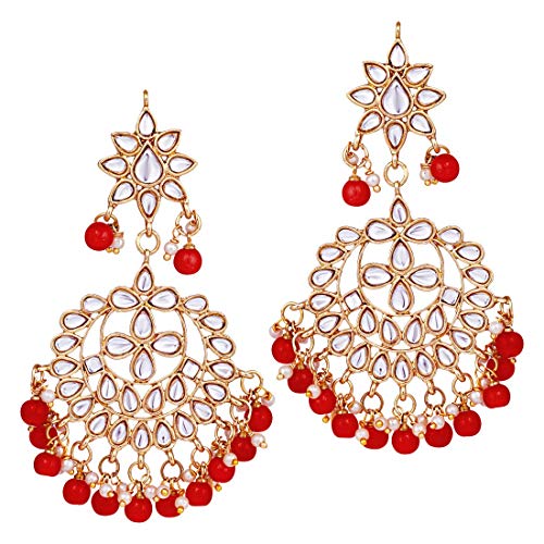 Aheli Faux Kundan Beaded Necklace Earrings Maang Tikka Indian Bollywood Ethnic Jewelry Set Gift for Women - color: Red & White