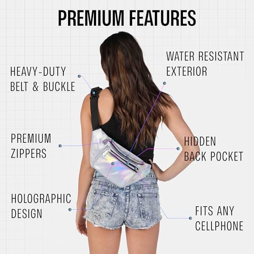 Holographic Fanny Pack Belt Bag | Waterproof Crossbody Bum Waist Pack - For Halloween, Rave, Hiking, Running, Travel (Silver) - color: Holographic - Silver