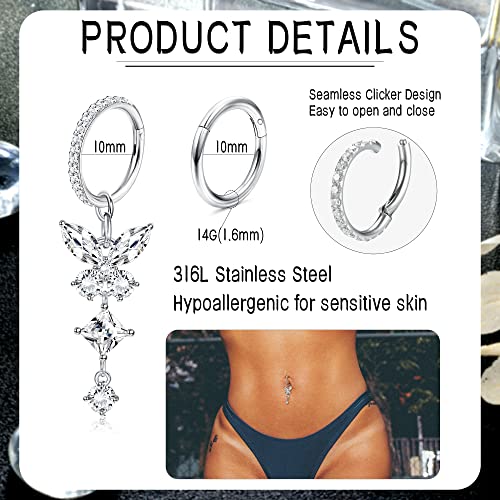 THUNARAZ 2Pcs Belly Button Rings for Women Surgical Stainless Steel Clicker Belly Rings Hoop CZ Heart Butterfly Dangle Navel Rings Belly Piercing Jewelry Silver Tone 14G - color: Silver Tone-Dangle Butterfly