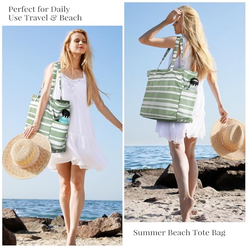 Trifabricy Beach Bags for Women Waterproof Sandproof Women Tote Bag, Large Beach Bag with Zipper for Gym Travel Vocation - color: Green