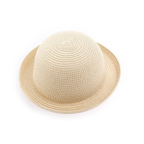 BinaryABC Summer Straw Sun Hat for Women & Kids (Fits Head Circumference 57cm) | Lightweight Bowler Beach Cap for Small Heads,Adjustable & Breathable – Beige