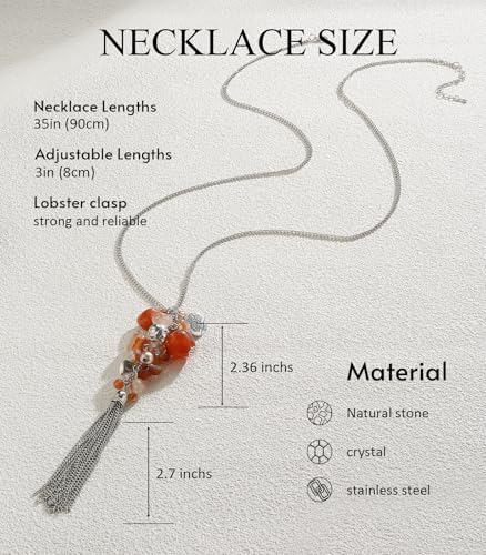 Noessla Boho Long Pendant Necklaces for Women Silver Tassel Long Necklace Sweater Chain Mothers Day Gifts Silver Costume Jewelry for Women - color: Agate