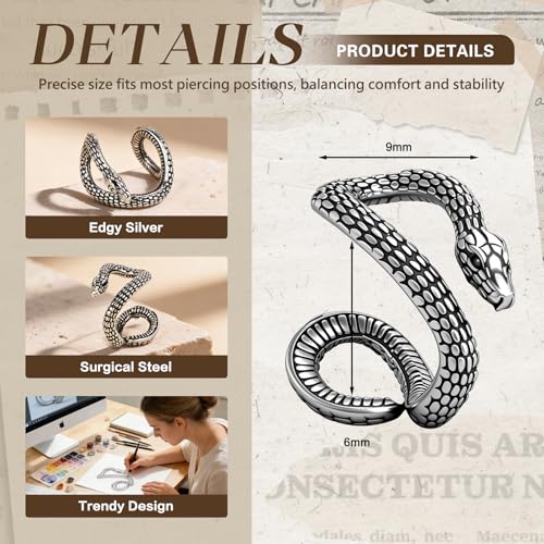 Gothic Ear Cuffs Helix Cartilage Clip on Goth Ear Cuff Stainless Steel Hypoallergenic Earrings for Women Men Non Piercing Gold & Silver Fake Earring Lightweight Punk Jewelry Gift - color: L4-Black Snake Design