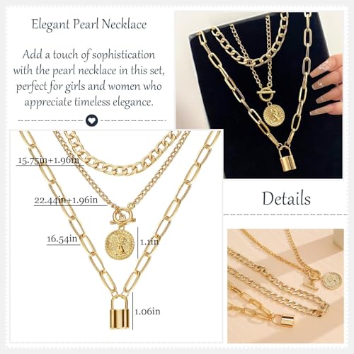 Gold Stack Necklace Chunky Necklaces for Women Trendy Coin Pendant Long Necklaces Western Jewelry for Women Cowgirl Cowboy Chic Country Outfit Boho Accessories Birthday Jewelry Gifts - color: B1: Gold Lock Necklace Stack