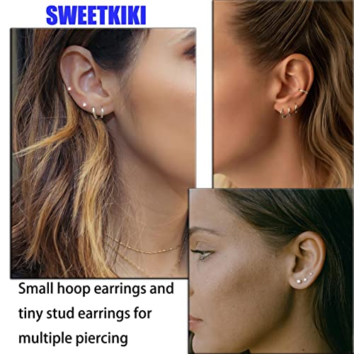 Dainty 6 Pairs Surgical Steel Earrings Sets for Multiple Piercing, Lightweight 14K Gold Plated Small Huggie Hoop Earrings, Flat Back Tiny Ball CZ Stud Earrings for Cartilage, Helix, Lobe, Hypoallergenic - style: Silver- Huggie Hoops and CZ Studs