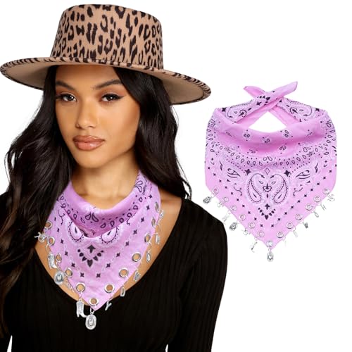 AWAYTR 100% Cotton Bandana for Cowgirl Western Cowboy Costume, 21 Inch Paisley Scarf with Grommet Western Ornaments - color: Pink