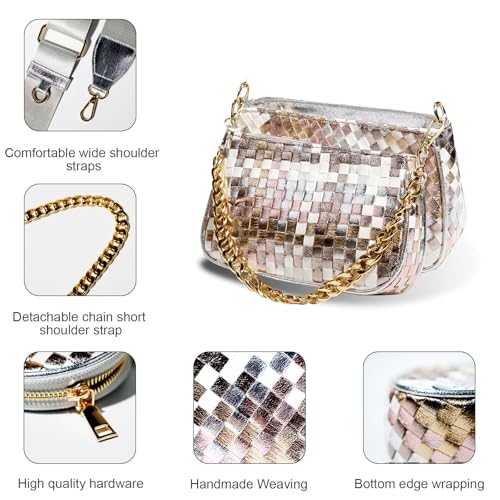 Handmade Woven Small Crossbody Bag for Women with Coin Purse, Designer Shoulder Handbag 3pcs Set, Mini Tote Clutch - color: Silver Multicolor