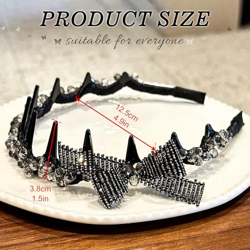 Black Crystal Bow Headband with Teeth for Women, Non-Slip Rhinestone Comb Hairband, Sparkly Studded Bowknot Hard Head Band, Elegant Cute Hair Accessories for Thick Hair - color: Sparkly Rhinestone