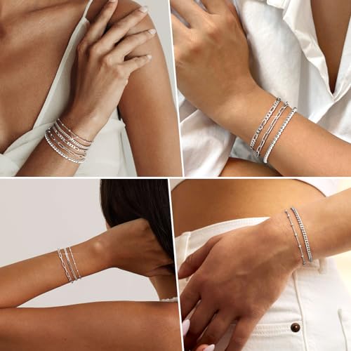 adoyi Gold Bracelets for Women, 14K Gold Plated Stackable Bracelet Stack Set Adjustable Charm Paperclip Chain Cuban Link Layered Waterproof Jewelry Sets Gifts for Womens - color: Silver 6.0 IN Small Wrist