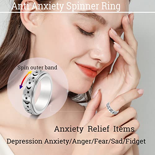 Anxiety Ring for Women Spinner Rings:Rotating Rings Stainless Steel 6mm Moon Star Anxiety for Men Band Jewelry Gift for Women Size 6 7 8 9 10 - color: A-Silver