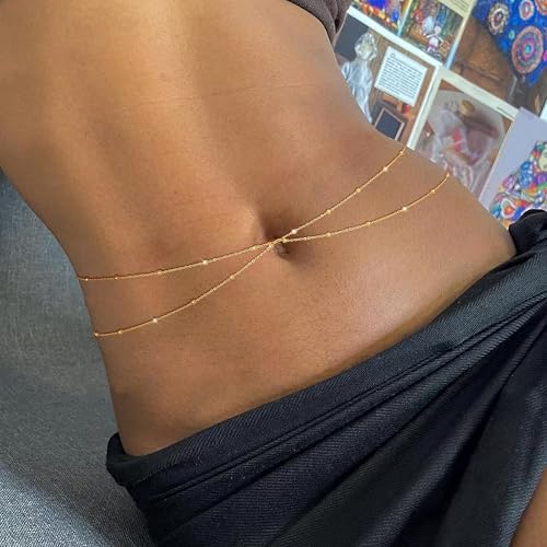 MFRYK 2PCS 14K Gold Plated Waist Chain Layered Pearl Cuban Beaded Satellite Figaro Belly Body Chain Boho Beach Waist Chains For Women Adjustable Waterproof Sexy Bikini Body Chain Jewelry For Women - style: Bead Double Layered-Gold