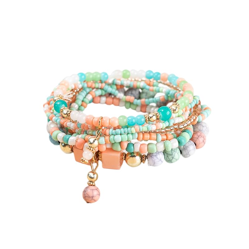 LSxAB Women Multilayered Beads Bracelet Set Stackable Boho Style Beaded Stretch Strand Wrap Birthday Jewelry - style: Teal 8PC