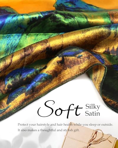 Satin Silk Press Scarf - 2 in 1 Wrap Cap with Built-In Hair Net Scarf, Soft Headband Hair Net Warp Cap for Women, Shower cap - color: Endless Landscape