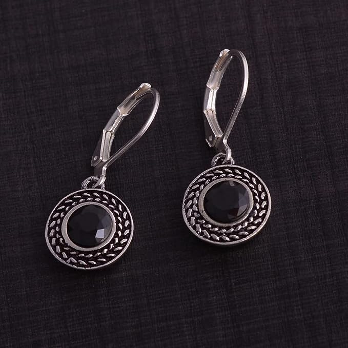 Savma Handmade 925 Sterling Silver Leverback Earrings for Women, Vintage Celtic Round Crystal Dangle Drop Earrings, Lightweight Boho Hypoallergenic Jewelry Gift - color: Black Stone