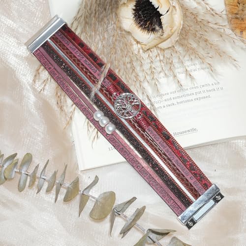 Leather Wrap Bracelet for Women, Boho Cuff Bracelet with Strong Clasp, Multi-Layer Crystal Leather Bracelet for Valentine Mother's Day - color: 02-Tree of Life-Burgundy
