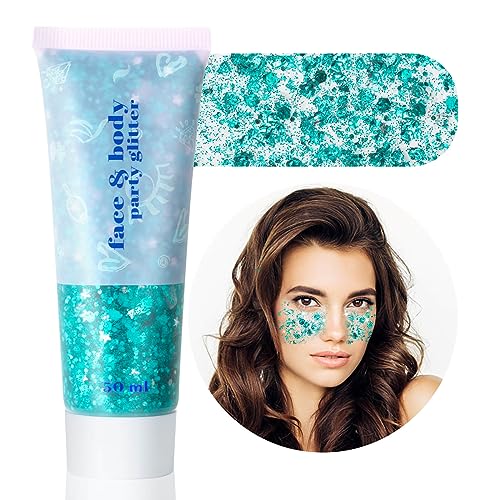 MEICOLY Teal Body Glitter,Holographic Mermaid Face Glitter Gel for Halloween Face Paint,Dazzle Green Chunky Glitter for Face Body Hair,Sparkling Self-Adhesive Gel Glitter Makeup for Women and Kids - color: dazzle green body glitter
