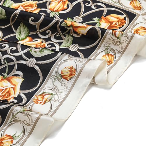 Stlvoll 27.5" Silk Neck Scarf of Women's Fashion Head Scarf Square Neck Satin Scarfs for Bag Hair Scarves Gift - color: Flower/Black
