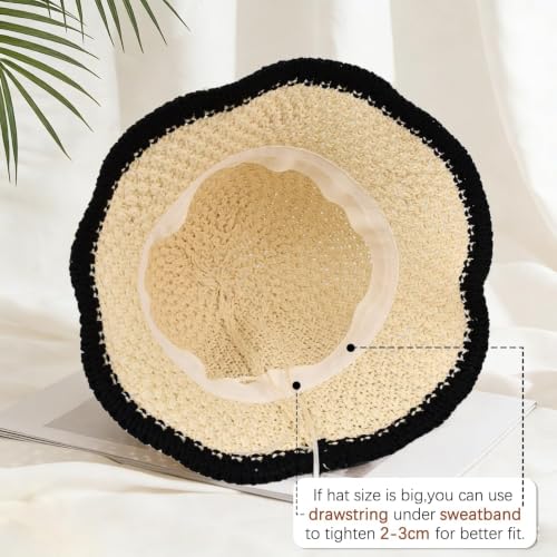 Sun Hat for Women Beach Hat Straw Bucket Hat Summer UV Protection, Packable Breathable Crochet Style - color: 1pack-beige-black-brim