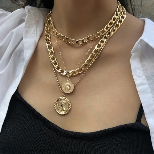 NEWITIN 44 Pieces Chunky Gold Jewelry Set for Women Fashion Costume Jewelry Gold Plated Chunky Necklace Chain Bracelet Ring Hoop Earrings Set for Women - color: Gold A
