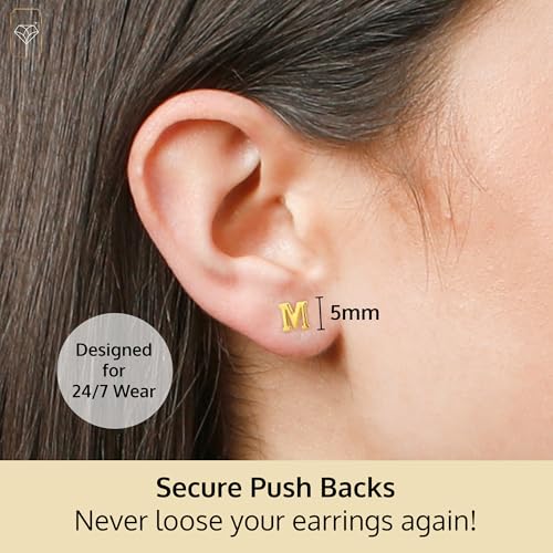 14k Gold Small Script Initial Letter Stud Earrings for Women | Anti Tarnishing 5mm 14k Gold Studs | A-Z Alphabet Earrings with Gift Box by MAX + STONE - style: M | Yellow Gold