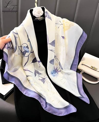 Hioyiwse Head Scarf For Women Hair Bandana 35" Large Square Satin Wrap Sleeping Neck Silk Satin Hair Scarves Lightweight - color: F33-purple Flowers（35*35inch）
