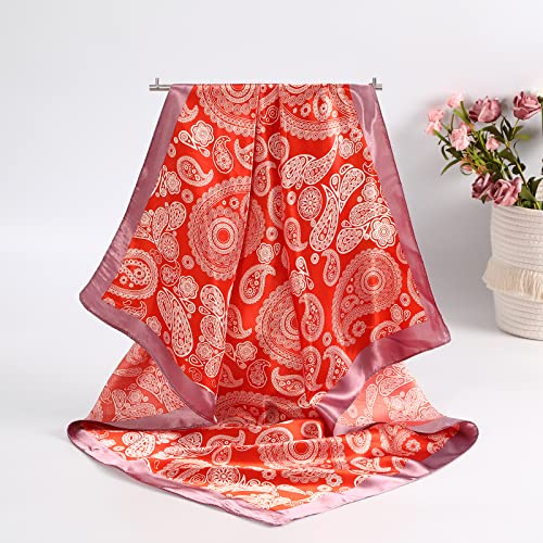 CHLINS 35" Satin Square Hair Scarf Bandanas - 3Pcs Large Silk Head Scarves Lightweight Sleeping Hair Wraps for Women - color: Brown+black+orange