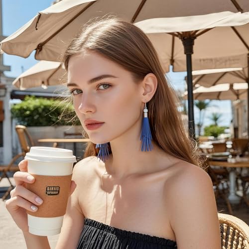 Coiris Boho Leather Layered Tassel Earrings for Women Lightweight Leather Fringe Dangle Earrings Handmade Bohemian Summer Beach Western Drop Earrings for Women - color: Blue