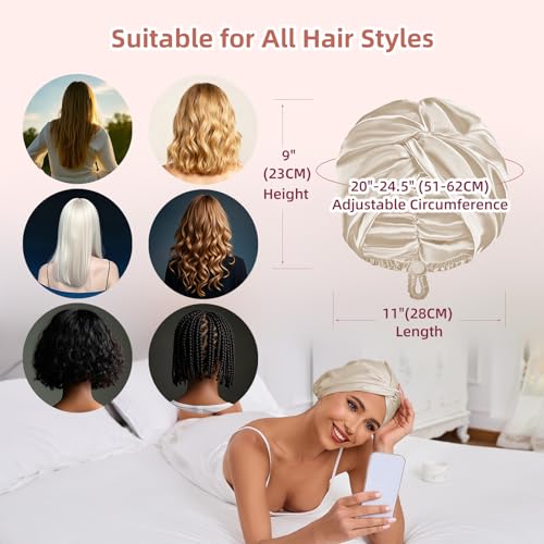Adjustable Silk Satin Hair Bonnet for Sleeping Women, Double Layer, Silk Hair Wrap for Sleeping Women Men, Curly Natural Braid Straight Unisex - Champagne - color: Champagne