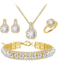 Paxuan 4pcs Cubic Zirconia Wedding Jewelry Sets for Bride Bridesmaid Cubic Zirconia Pendant Necklace Earrings Link Tennis Bracelet Open Ring Set for Women - color: Gold Plated White Cubic Zirconia