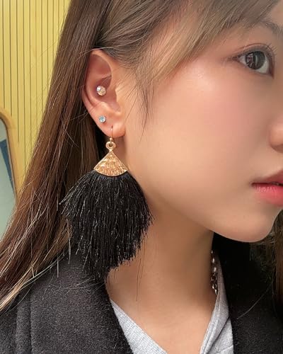Earrings for Women Colorful Layered Leaf Earrings Bohemian Dangle Drop Tassel Silver Earrings Women Gifts - style: Black