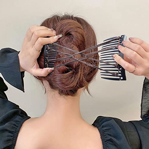 4 Pieces Elastic Magic Hair Comb with Silver Thread Stretchy Double Comb Hair Fork Clips No Crease Hairpins Combs for Women Girls Vintage Hairstyle Multipurpose Hair Accessories, 4 Color(Silver Style) - color: Brown, black, white, gold