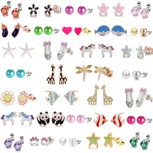 33 Pairs Stainless Steel Cartoon Earrings for Girls - Hypoallergenic Colorful Stud Earing Set, Mix & Match Cute Earring for Teens, Kids, Doll Dressup Accessories - style: Style B