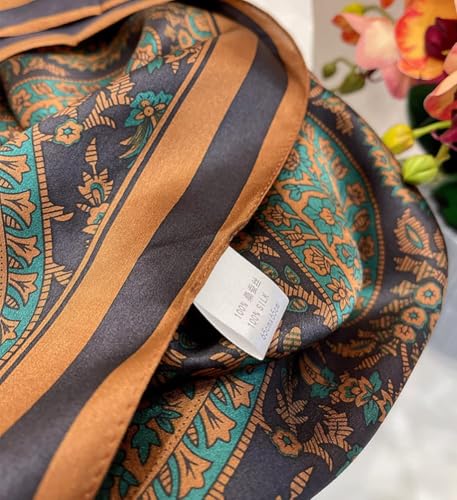 JERLA 100% Pure Mulberry Silk Square Scarf for Hair-27''x27'' Women Men Natural Silk Neckerchief Headscarf - color: Paisley Brown