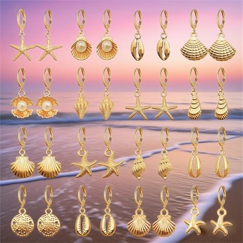 16 Pairs Seashell Conch Earrings Set for Women Dainty 14K Summer Beach Jewelry Starfish/Pearl/Clam/Conch Hoop Earrings Bohemian Summer Beach Holiday Fashion Jewelry Gifts