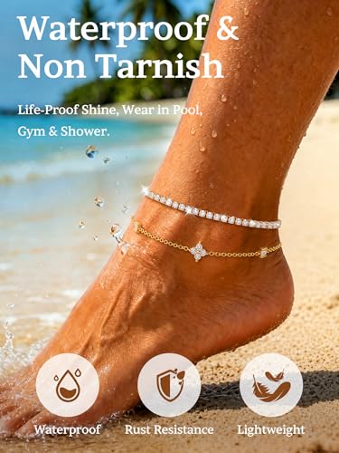 2 PCS Gold/Silver Ankle Bracelets for Women 14K Gold Plated Anklet Set Non Tarnish Waterproof Adjustable Dainty Stackable Layered Hypoallergenic Beach Essentials Summer Jewelry Gift - style: Style1