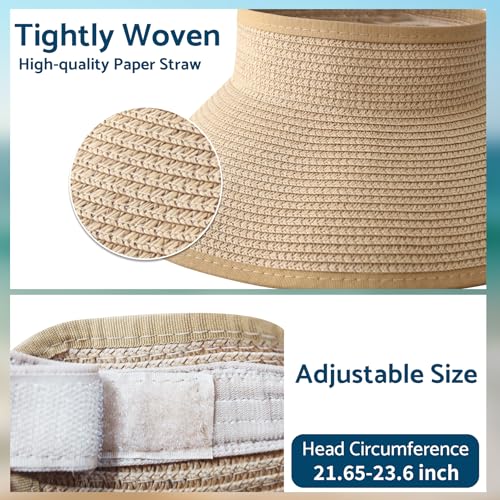 NPJY Sun Hats for Women Wide Brim Roll-Up Beach Ponytail Hat Packable Foldable Travel Straw Visor - color: Khaki